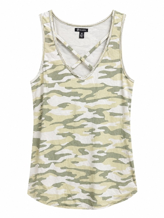 Versona Tops - Versona Camo Criss Cross V-Neck Tank Top Olive Green